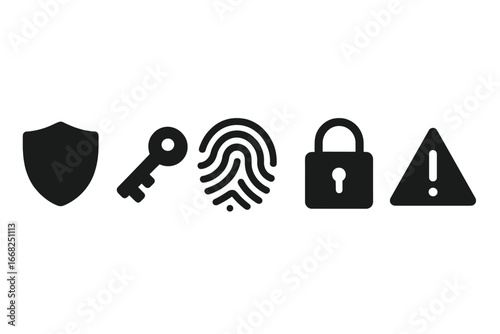Security and privacy icons: shield, key, fingerprint, lock, warning symbol