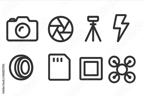 Photography and videography equipment icons: camera, lens, tripod, flash, memory card, drone