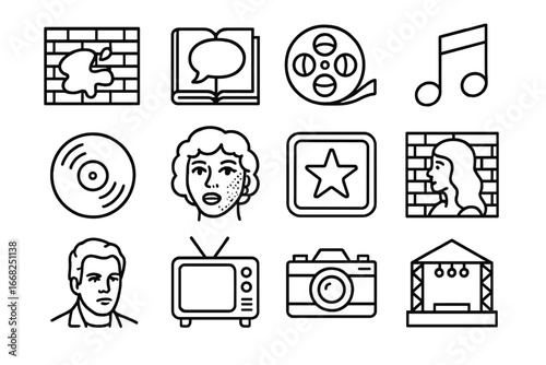 Pop Culture Icon Grid. Outline icon set of art in pop culture: graffiti wall, comic book, film reel, music