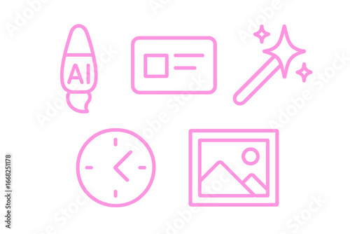 Minimalist pink outline icons for creativity, time management, and digital content creation