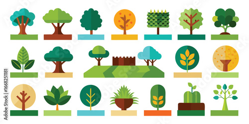 Collection of Flat Design agroforestry concepts, featuring mixed trees with crops, shade-grown coffee, windbreak trees, soil protection roots Trees and Plants in Various Styles and Colors nature green