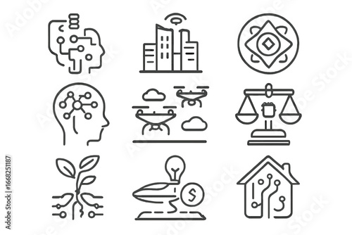 Post-Singularity Civilization Icons. Outline icon set of post-singularity civilization: AI governance, smart