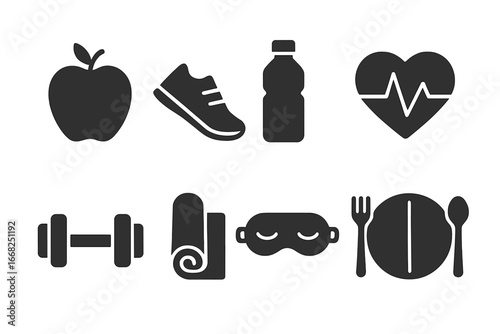 Healthy lifestyle icons: dumbbell, water bottle, yoga mat, heart rate monitor