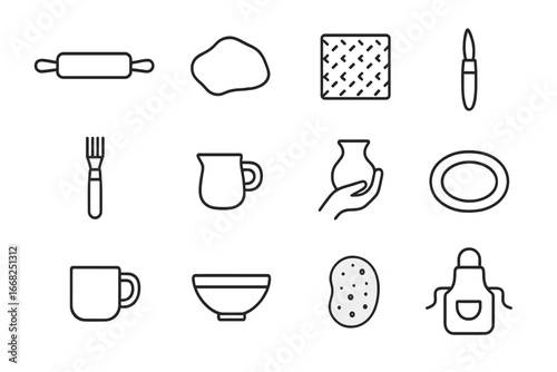 Pottery Tools Icons. Outline icon set of hand-building pottery: rolling pin, clay slab, texture mat, carving