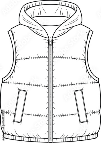 Men's fashion flat technical sketch puffer vest with hood, zip up front and pocket details. Vector illustration. CAD drawing.