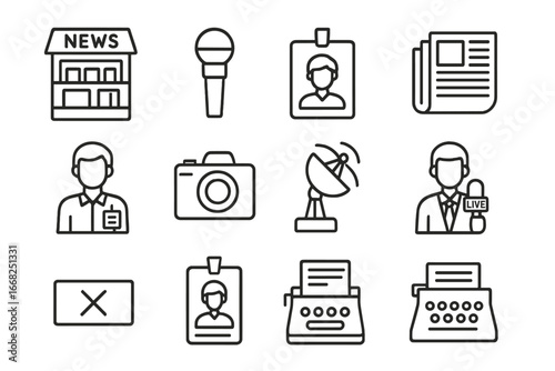 Press Freedom Icons. Outline icon set of freedom of the press: newsstand, microphone, press badge, newspaper