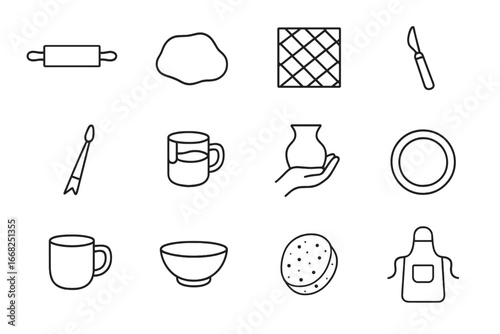 Pottery Tools Icons. Outline icon set of hand-building pottery: rolling pin, clay slab, texture mat, carving
