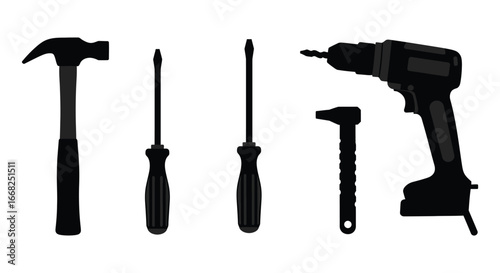Silhouettes of various hand tools and a cordless drill on white background