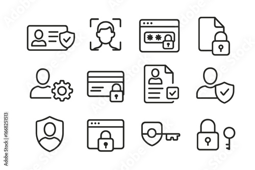 Privacy Icons Set. Outline icon set of personal data protection: secure ID, biometric scan, password manager,