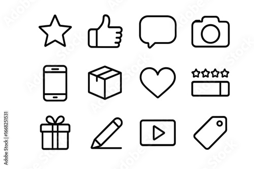 Product Review Icons. Outline icon set of product reviews: star, thumbs up, comment bubble, camera, smartphone