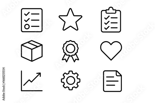 Product Review Icons. Outline icon set of product testing and reviews: checklist, star, magnifying glass,