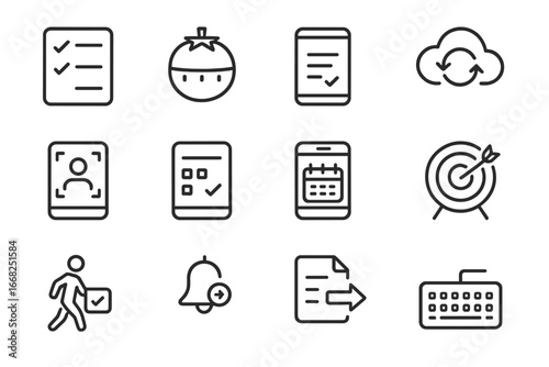 Productivity Icon Set. Outline icon set of productivity on the move: to-do list, Pomodoro timer, phone notes,