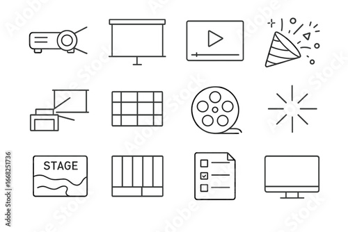 Projection Icons Grid. Outline vector icons of projection and visual effects: projector beam, screen panel,
