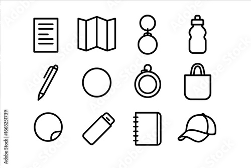 Promotional Giveaway Icons. Outline icon set of promotional giveaways: flyer, brochure, keychain, water bottle