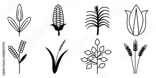 Collection of eight simplified black and white line art icons representing different agricultural crops and plants