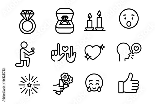 Proposal Icon Set. Outline icon set of proposal moments: diamond ring, open ring box, candlelit setting,