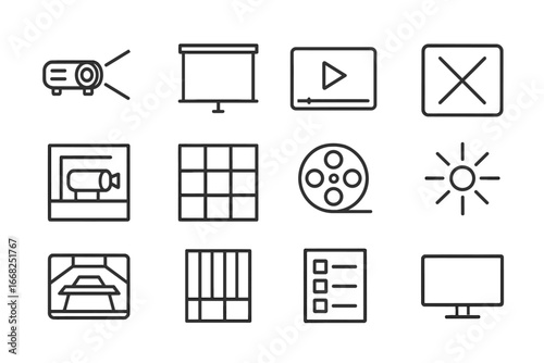Projection Icons Grid. Outline vector icons of projection and visual effects: projector beam, screen panel,