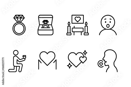 Proposal Icon Set. Outline icon set of proposal moments: diamond ring, open ring box, candlelit setting,