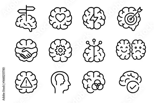 Psychological Function Icons. Outline vector icons of psychological brain functions: decision making, emotion