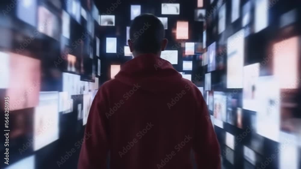 Person walks through a blurred, fast-moving, image-filled hallway