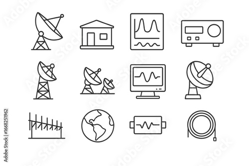 Radio Astronomy Tools Icons. Outline icon set of radio astronomy tools: large telescope dish, control hut,