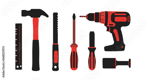 Collection of various hand tools and equipment for construction and repair work