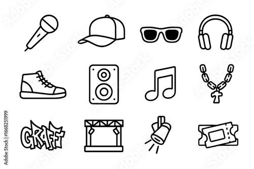Rap Icons Grid. Outline icon set of rap and hip-hop performances: microphone, cap, sunglasses, headphones,