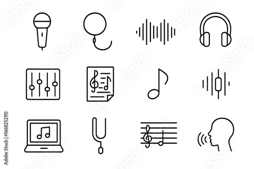 Recording Icons Set. Outline icon set of recording vocal practice: microphone, pop filter, audio waveform,