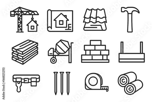 Rebuilding Tools Icon Set. Outline icon set of rebuilding homes after disasters: construction crane, blueprint