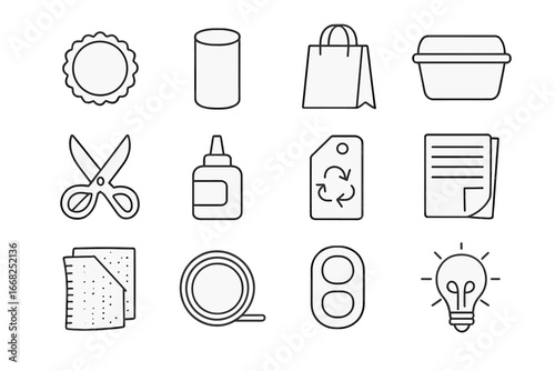 Recycled Crafts Icons. Outline vector icons of recycled material crafts: bottle cap, cardboard tube, paper bag