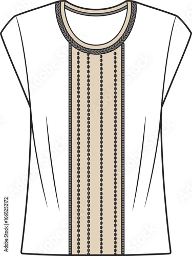 Women's fashion flat technical sketch embroidered cap sleeve tunic top with contrast trim detail. Vector illustration. CAD drawing.
