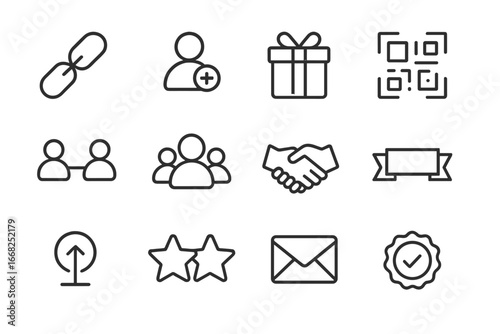 Referral Icons Set. Outline vector icons of referral and invite programs: share link, invite user, referral