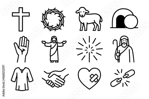 Redemption Icons Grid. Outline icon set of biblical themes of redemption: crucifixion cross, crown of thorns,