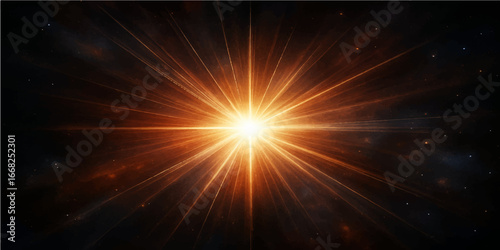 Bright explosion of the sun with glowing light rays and stars in abstract space background