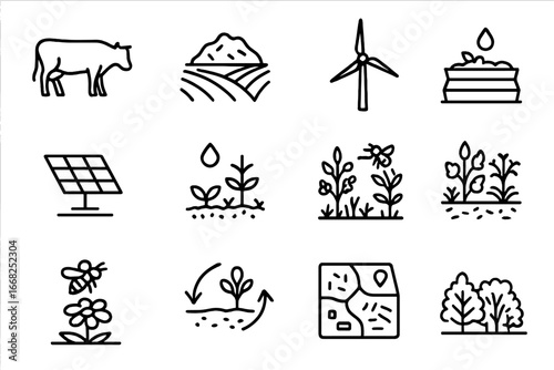 Regenerative Agriculture Icons. Outline icon set of regenerative agriculture: grazing cow, planted field,