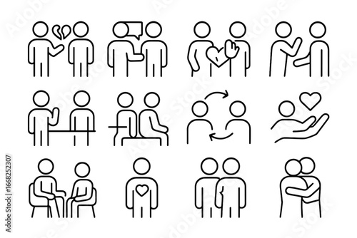 Relationship Trauma Icons. Outline icon set of trauma in relationships: trust breakdown, communication gap,