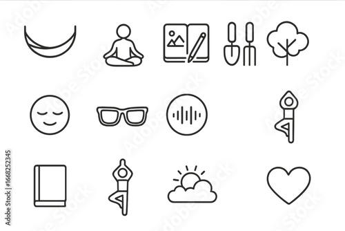Relaxing Nature Icons. Outline icon set of relaxing nature activities: hammock swing, meditation icon, sketch