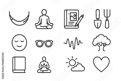 Relaxing Nature Icons. Outline icon set of relaxing nature activities: hammock swing, meditation icon, sketch