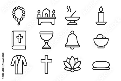 Religious Ritual Icon Set. Outline icon set of religious rituals: prayer beads, altar, incense burner, candle,