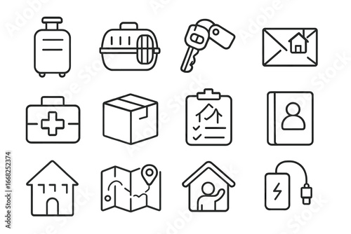 Relocation Essentials Icons. Outline icon set of temporary relocation prep: suitcase, pet carrier, car keys,