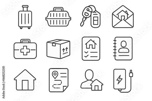 Relocation Essentials Icons. Outline icon set of temporary relocation prep: suitcase, pet carrier, car keys,