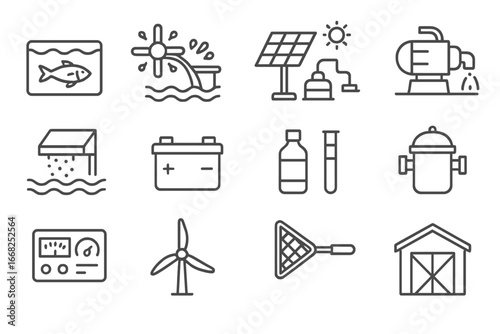 Renewable Aquaculture Icons. Outline icon set of renewable-powered aquaculture: fish pond, aerator, solar
