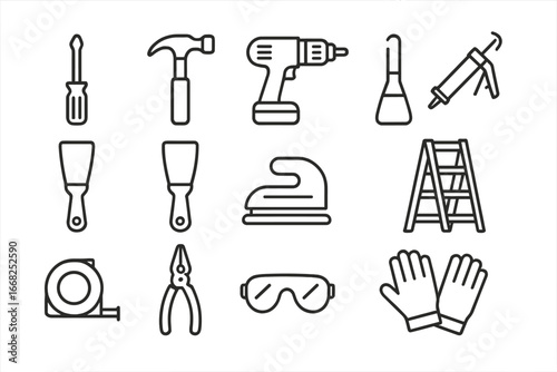 Repair Tools Icon Set. Outline icon set of repair tools for windows and doors: screwdriver, hammer, drill,