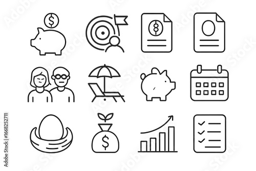 Retirement Planning Icons. Outline icon set of retirement planning: pension icon, retirement goal, 401k file,