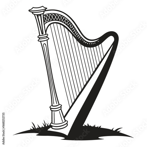 Ancient harp in palace hall silhouette