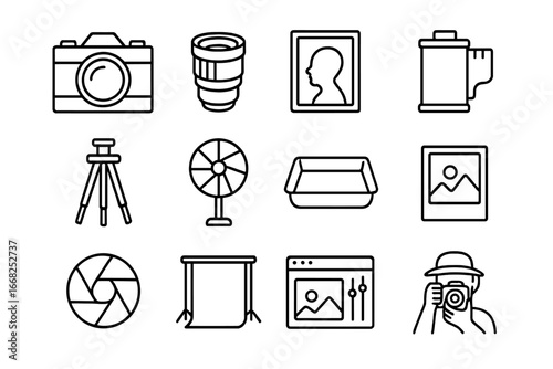 Retro Photography Icons. Outline icon set of retro-style black and white portraits: camera, lens, portrait