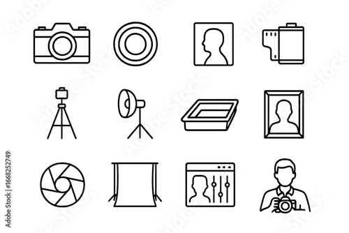 Retro Photography Icons. Outline icon set of retro-style black and white portraits: camera, lens, portrait