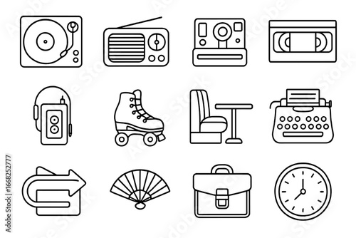 Retro Icon Set. Outline icon set of retro lifestyle elements: record player, old radio, instant camera, VHS