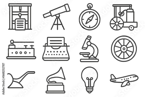 Revolutionary Invention Icons. Outline icon set of revolutionary inventions: printing press, telescope,