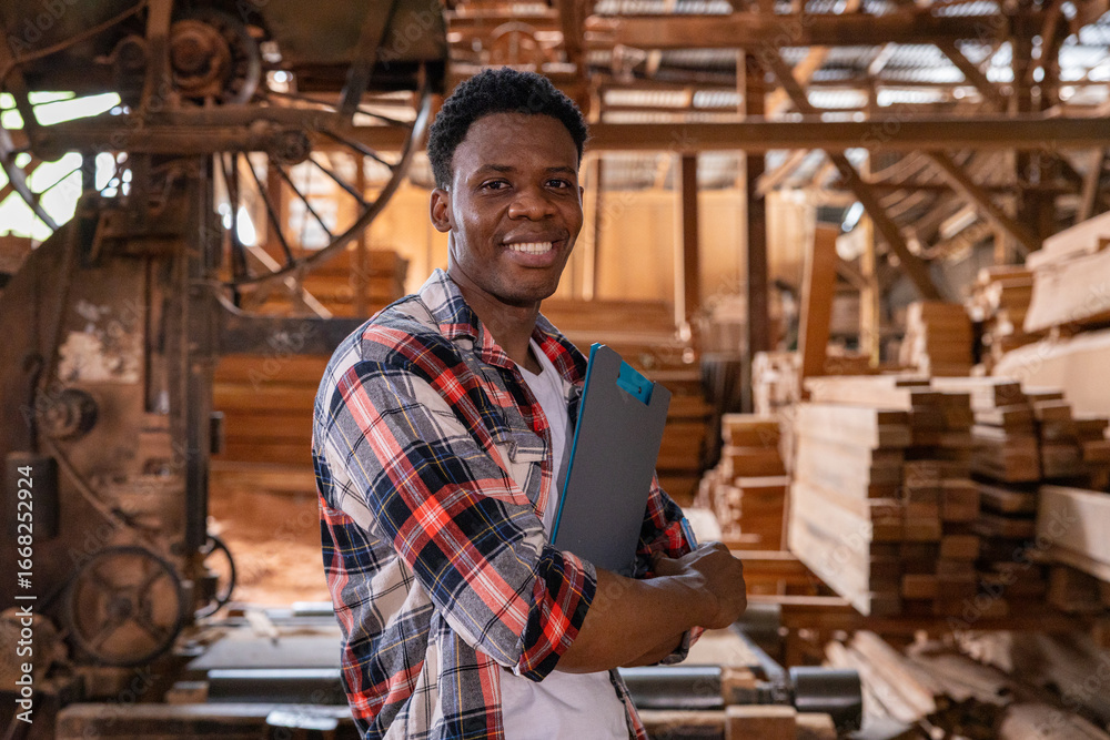 Obraz premium Supervisor inspecting lumber production at sawmill